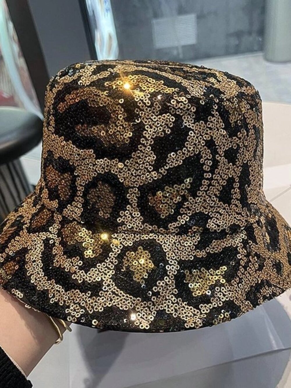 Leopard Print Sequin Bucket Hat | Gold & Black Sparkle | One Size M | New - Picture 3 of 3